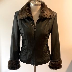 Andrew Marc leather jacket with fur trim